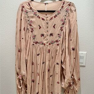 Free People Floral Embroidered Blouse in Beige and Red